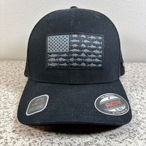 Columbia PFG High Crown Flexfit Mesh Hat Cap Black XL/XXL American Flag Fish New